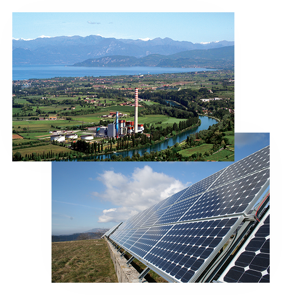 Insieme di immagini raffiguranti una centrale termoelettrica e dei pannelli solari