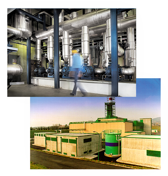 Immagini raffiguranti interno ed esterno di centrale geotermica